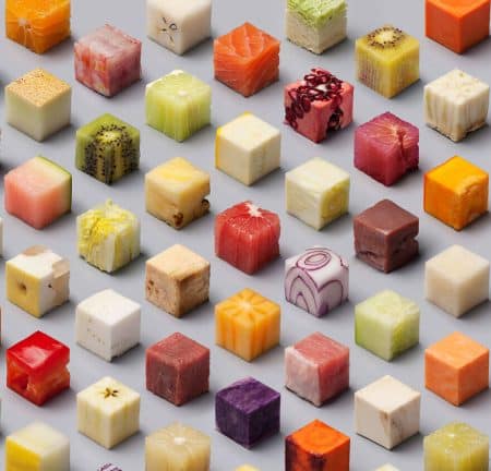 Les artistes Lernert & Sander découpent en cube les aliments à leur état brut Lernert & Sander, cube, aliment, nourriture
