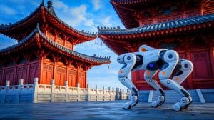 Illustration de la pagode en bois de Yingxian surveillée par un robot chien à six pattes pour sa conservation (création par IA, illustration non réaliste). Crédit : Ideogram.