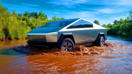 Illustration de la tentative d'un Cybertruck traversant un cours d'eau (création par IA, illustration non réaliste). Crédit : Ideogram.