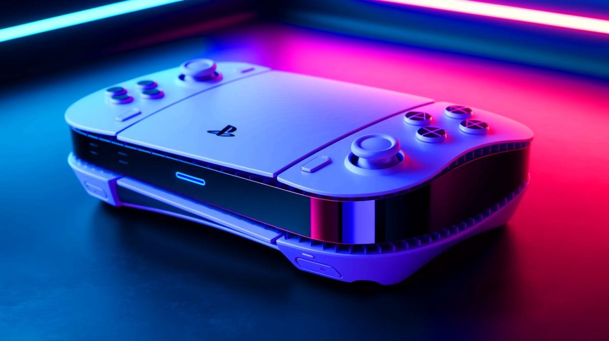 Illustration de la PlayStation 6 portable et ses possibilités innovantes (création par IA, illustration non réaliste). Crédit : Ideogram.