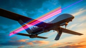 Illustration de l'arme laser aéroportée développée par General Atomics pour le drone MQ-9 (création par IA, illustration non réaliste). Crédit : Ideogram.