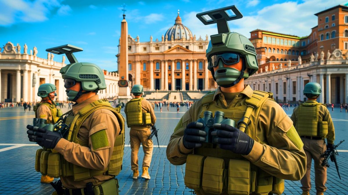 Illustration de soldats avec une arme de défense anti-drone et des jumelles sur la place Saint-Pierre. Image réalisée par IA.