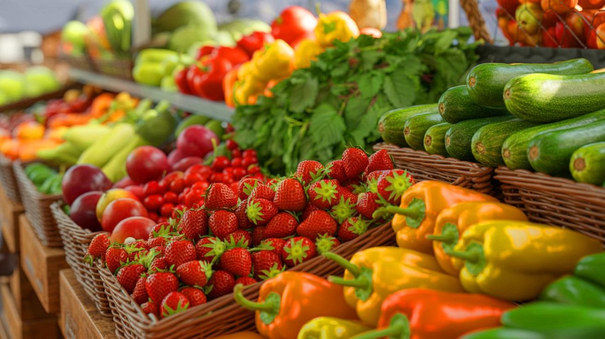Illustration de fruits et légumes espagnols contaminés par des pesticides (création par IA, non réaliste). Crédit : Ideogram