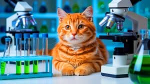 Illustration de la découverte du gène responsable de la couleur orange chez les chats (création par IA, non réaliste).