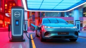 Illustration de la recharge ultra-rapide de 400 km en cinq minutes grâce aux superchargeurs BYD. Image réalisée par IA.