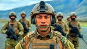 Illustration de soldats augmentés explorant les implications éthiques et technologiques. Image réalisée par IA.