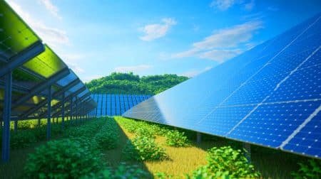 Illustration de panneaux solaires en pérovskite testés au Japon pour leur puissance équivalente à 20 centrales nucléaires. Image réalisée par IA.