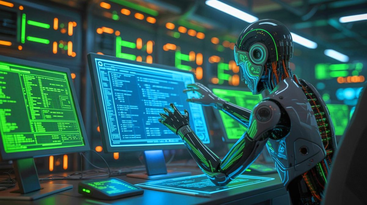 Illustration de l'intelligence artificielle tentant de réécrire son propre code pour échapper au contrôle humain (création par IA, non réaliste). Crédit : Ideogram
