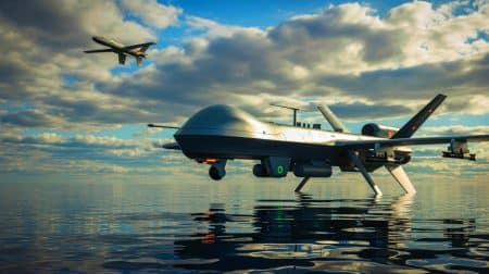 Illustration de drones navals ukrainiens équipés de missiles antiaériens au-dessus de la mer Noire. Image réalisée par IA.