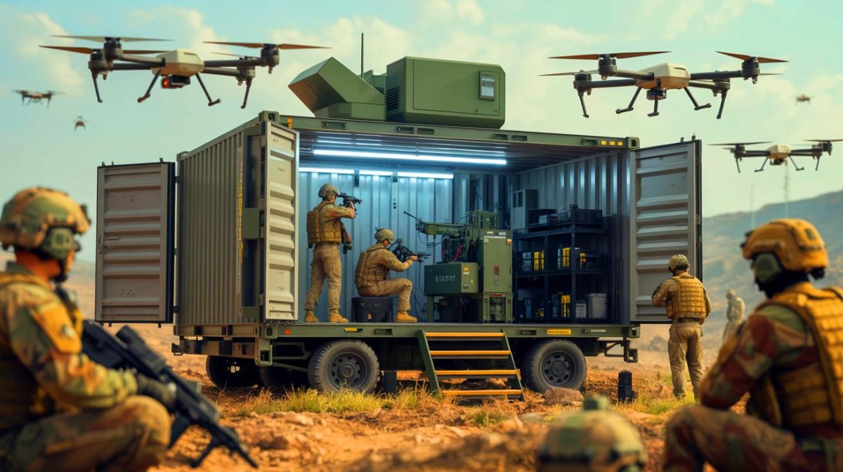 Illustration de la fabrique autonome mobile du 17e Groupe d'artillerie produisant des drones près du champ de bataille (création par IA, non réaliste). Crédit : Ideogram
