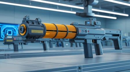 Illustration de la nouvelle arme à induction électromagnétique développée par l'APL. Image réalisée par IA.