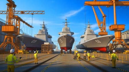 Illustration de la revitalisation de la construction navale américaine face au défi chinois. Image réalisée par IA.