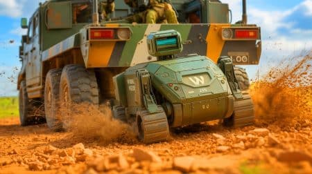 « Il déterre les mines sans trembler » : le robot Weevil testé par l’armée britannique révolutionne le déminage des véhicules blindés Illustration de l'engin WEEVIL transformant un véhicule blindé en machine de déminage. Image réalisée par IA.