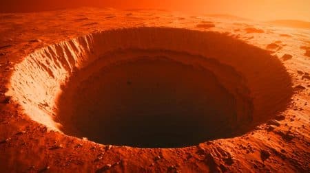 « Découverte stupéfiante » : la NASA dévoile un trou mystérieux sur Mars pouvant être un portail vers une vie extraterrestre fascinante et inconnue Illustration de la découverte d'un trou mystérieux sur Mars par la NASA et son potentiel pour abriter une vie extraterrestre (création par IA, illustration non réaliste). Crédit : Ideogram.