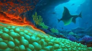 Illustration de la découverte de milliers d'œufs géants de raies blanches du Pacifique près d'un volcan sous-marin. Image réalisée par IA.