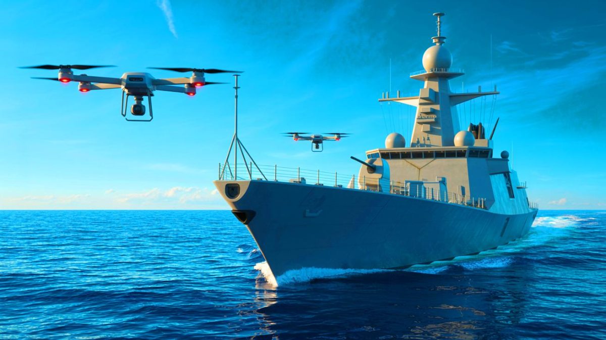 Illustration de la technologie Leonidas Expeditionary d’Epirus utilisée par les navires de guerre pour contrer les essaims de drones. Image réalisée par IA.