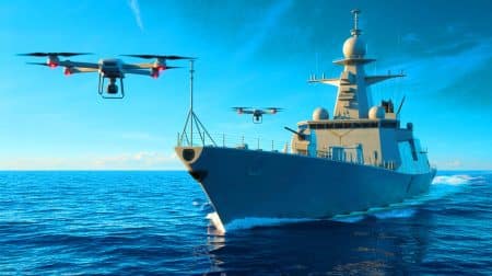 Illustration de la technologie Leonidas Expeditionary d’Epirus utilisée par les navires de guerre pour contrer les essaims de drones. Image réalisée par IA.