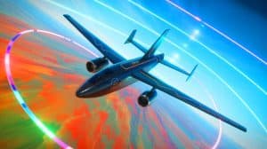 Illustration de la technologie quantique AQNav utilisée pour la navigation aérienne sans GPS. Image réalisée par IA.