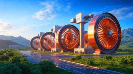 Illustration du plus grand site de stockage d'électricité par volant d'inertie en Chine. Image réalisée par IA.