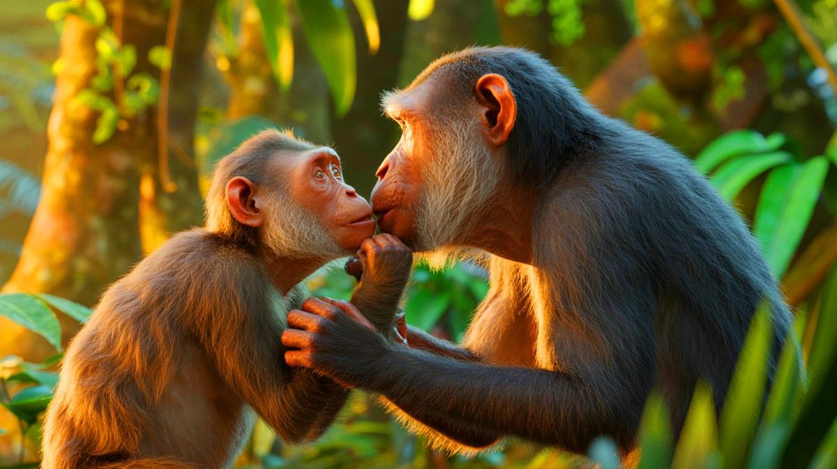 Illustration de l'origine évolutive du baiser chez les humains (création par IA, illustration non réaliste). Crédit : Ideogram.
