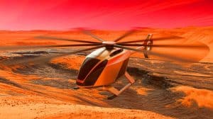 Illustration de l'hélicoptère martien Nighthawk explorant la région d'Eastern Noctis Labyrinthus sur Mars (création par IA, illustration non réaliste). Crédit : Ideogram.