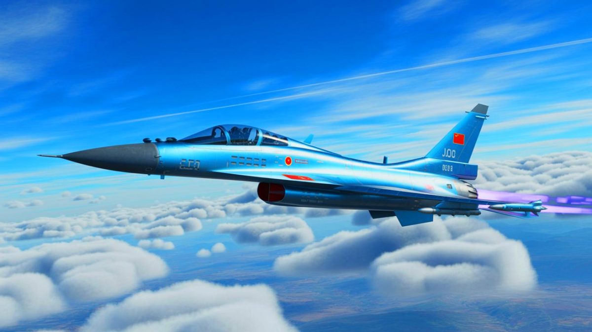 Illustration de l'avion de chasse chinois J-10C en vol. Image réalisée par IA.