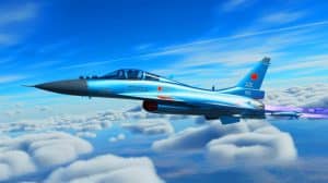 Illustration de l'avion de chasse chinois J-10C en vol. Image réalisée par IA.