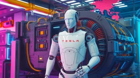 Illustration de l'impact des restrictions chinoises sur le projet de robot humanoïde Optimus de Tesla. Image réalisée par IA.