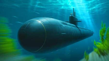 Illustration de la révélation des caractéristiques techniques du sous-marin nucléaire Type 094 par l'Armée populaire de libération chinoise. Image réalisée par IA.