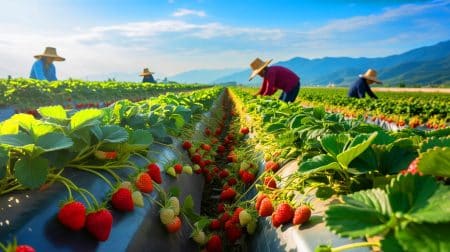 Illustration de la Chine en tant que leader mondial de la culture de fraises (création par IA, non réaliste). Crédit : Ideogram