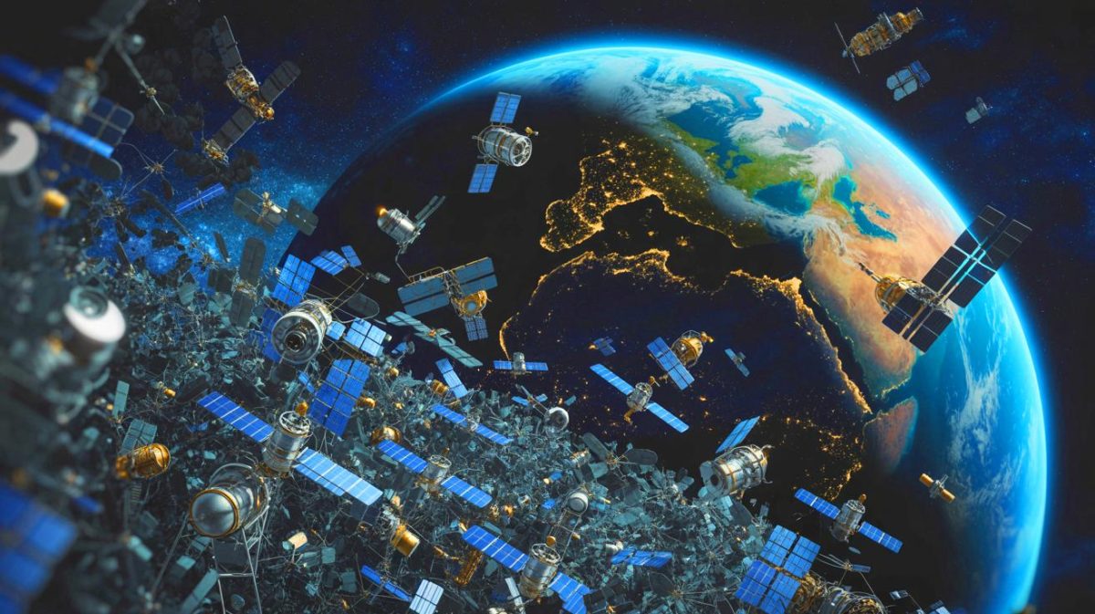 Illustration de la prolifération des satellites chinois et de la congestion spatiale. Image réalisée par IA.