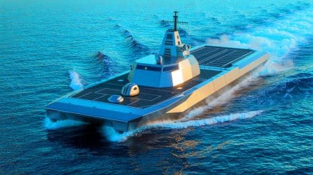 Illustration de l'AIRCAT Bengal MC, un navire de guerre autonome avancé. Image réalisée par IA.