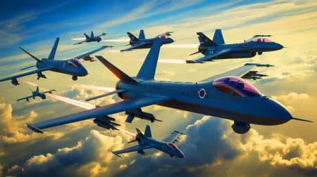 Illustration de drones de combat autonomes américains évoluant aux côtés d'avions pilotés. Image réalisée par IA.