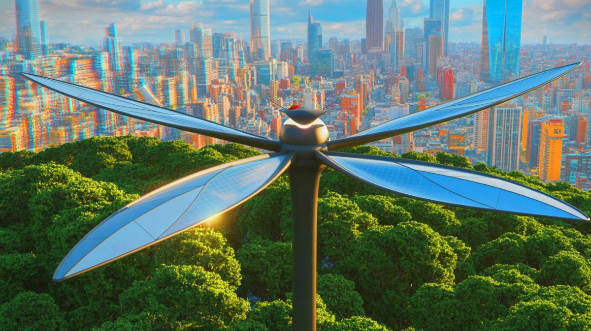 Illustration de la Dragonfly Turbine inspirée par le vol des libellules, intégrée dans un paysage urbain (création par IA, non réaliste). Crédit : Ideogram