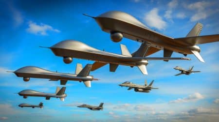 Illustration de drones YFQ-42A et YFQ-44A volant aux côtés d'avions de chasse pilotés. Image réalisée par IA.