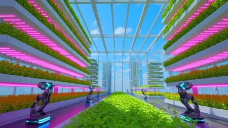 Illustration de la ferme verticale de 20 niveaux en Chine, entièrement automatisée et gérée par intelligence artificielle (création par IA, non réaliste). Crédit : Ideogram
