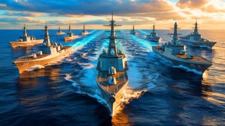Illustration de la puissance navale mondiale en 2025, marquée par la domination des États-Unis et de la Chine. Image réalisée par IA.