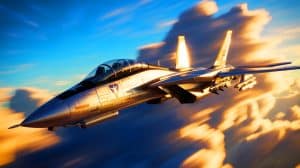 Illustration de l'avion de chasse F-14 Tomcat en vol, vedette du film Top Gun. Image réalisée par IA.