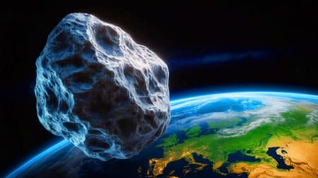 Illustration de l'astéroïde 2024 YR4 approchant de la Terre. Image réalisée par IA.
