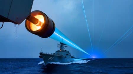 Illustration de l'arme laser Helios testée sur un navire de guerre. Image réalisée par IA.