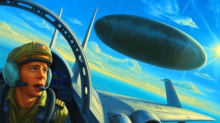 Illustration de la rencontre d'un pilote de l'US Air Force avec un OVNI lors d'une mission secrète au-dessus de la Californie. Image réalisée par IA.