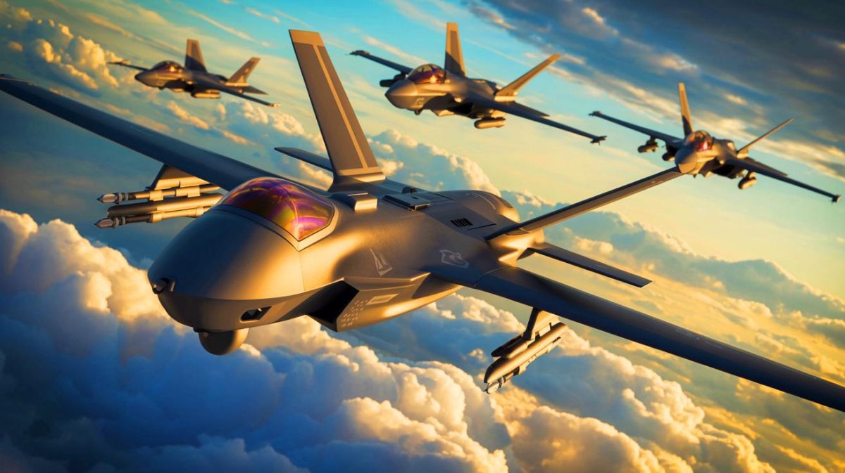Illustration de drones de guerre électronique StormShroud de la RAF en soutien aux F-35B et Typhoon (création par IA, non réaliste). Crédit : Ideogram