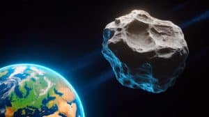 Illustration de l'astéroïde 2024 YR4 approchant de la Terre. Image réalisée par IA.
