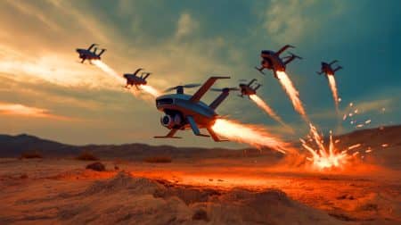 Illustration de drones kamikazes sur un champ de bataille moderne. Image réalisée par IA.