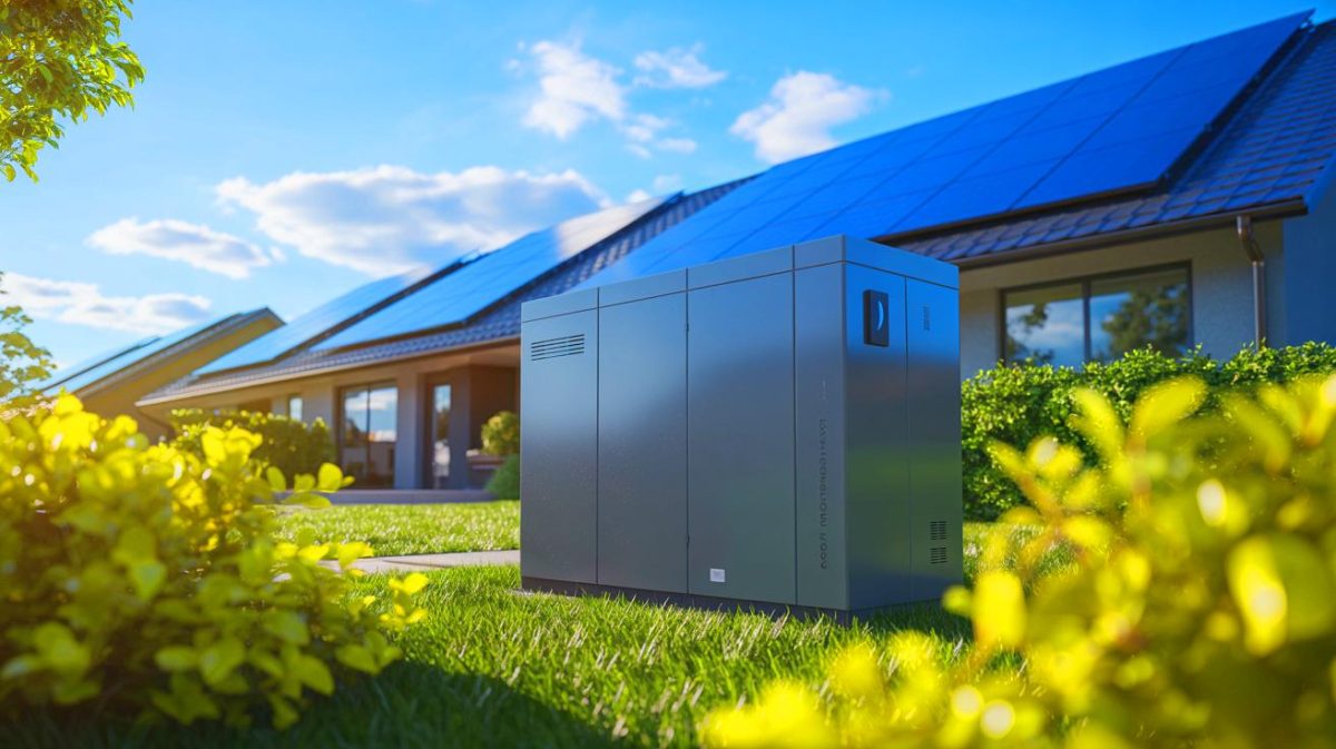 Illustration de la baisse des prix des systèmes solaires domestiques et du stockage par batterie (création par IA, non réaliste). Crédit : Ideogram