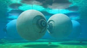 Illustration de sphères en béton immergées pour le stockage d'énergie sous-marine. Image réalisée par IA.