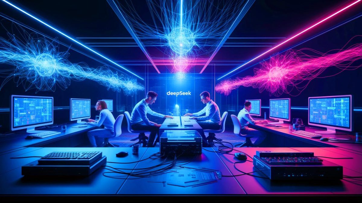 Illustration de la technologie innovante de DeepSeek défiant les géants de l'IA (création par IA, illustration non réaliste). Crédit : Ideogram.