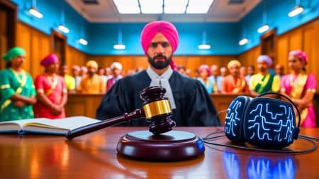 Illustration de l'utilisation controversée du BEOS dans le système judiciaire indien. Image réalisée par IA.