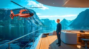 Illustration de Mark Zuckerberg à bord de ses superyachts dans les fjords norvégiens pour une aventure de heliskiing. Image réalisée par IA.