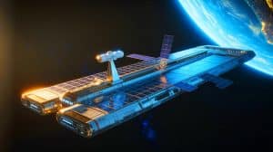 Illustration de l'Orbital Carrier en orbite pour la défense spatiale (création par IA, non réaliste). Crédit : Ideogram
